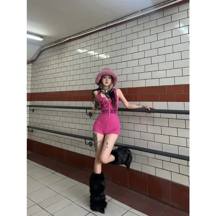 Vintage Star Print Jumpsuits Shorts 2025 Summer New Slim Waist Playsuits Y2k Grunge Bottoming Halter Camisole Tops Women